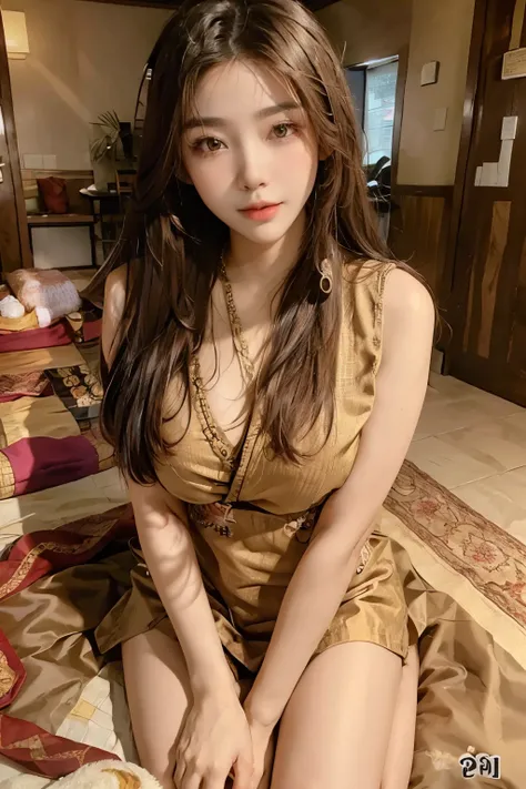 ((best quality)), ((masterpiece)), (detailed), perfect face,Girl lying down in Thai massage parlor, korean beauty, Cover your body with a large towel, (Overhead shot), thai massage,