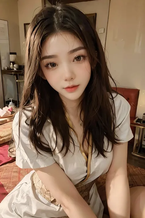 ((best quality)), ((masterpiece)), (detailed), perfect face,Girl lying down in Thai massage parlor, korean beauty, Cover your body with a large towel, (Overhead shot), thai massage,