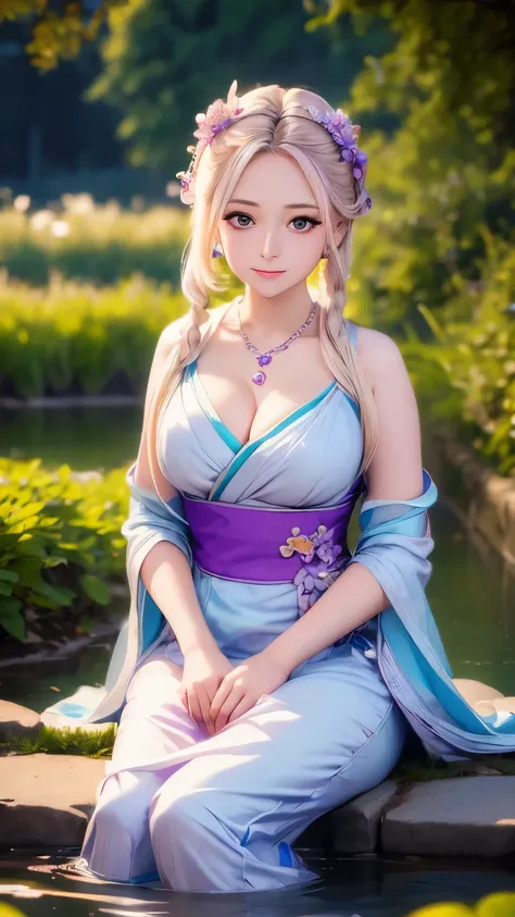 Superb Quality, Masterpiece, High Resolution, 1Girl, Blush, (Seductive Smile: 0.8), Star Pupil, Chinese Hanfu Lilac, Hair Accessories, Necklace, Jewelry, Beauty, on_body, Tyndall Effect, Realism, Lotus Pond, Light Edge, Two-tone Lighting, (High Detail Skin...