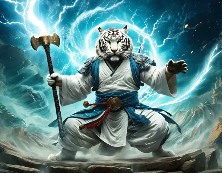 A huge and beautiful white tiger, wearing a Taoist robe, stood in space, holding a thunder hammer in his left hand and a thunder axe in his right, colliding with each other and sending out lightning，xianxia