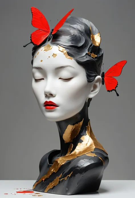 ((exhibit，Still Life Table，Artistic statues，3D Sculpture，ceramics，Surface cracks，Shattered Texture)), grace，Slender neck，Show the beauty of nature.Black and red theme，Kaneko，Golden powder， This artwork is presented on a grey background，Emphasize its artist...