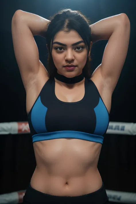 Looks like Kajal Aggarwal,slightly chubby,wearing black boxing gloves,black boxing gloves,boxing ring,sweaty,tired,exhausted,arms raised,both arms up,boxing gloves on both hands, intricate details,dark blue outfit,(ArtStation:1.2),armpits,sweat,sweaty,swea...