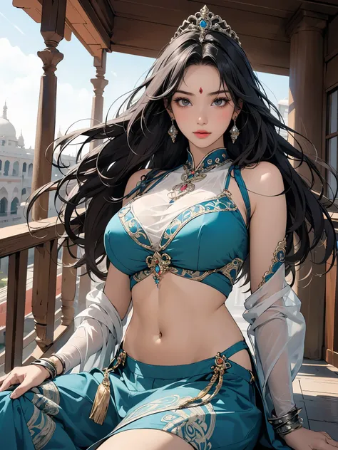 1girl, sitting on floor, see-through choli, detailed face, looking at viewer, intricate ornate indian pattern trimming, windswept, floating hair, balcony trailing, ear spike earring, Good quality, cap, huge breasts, 