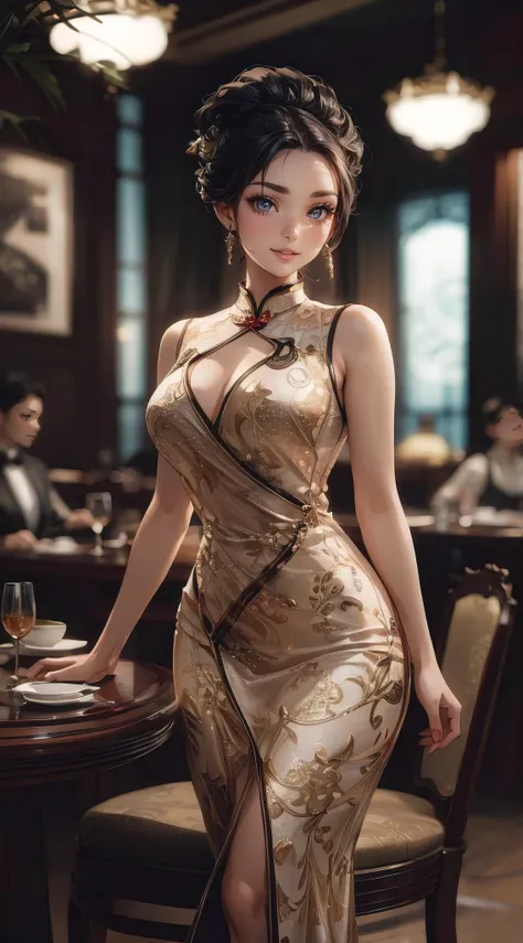 A stunningly realistic and fashionable 3D render of a captivatingly attractive and sexy woman, dressed in a stylish modern cheongsam with intricate patterns. The luxurious Oriental restaurant setting is adorned with elegant decor and a sense of mystery. Th...