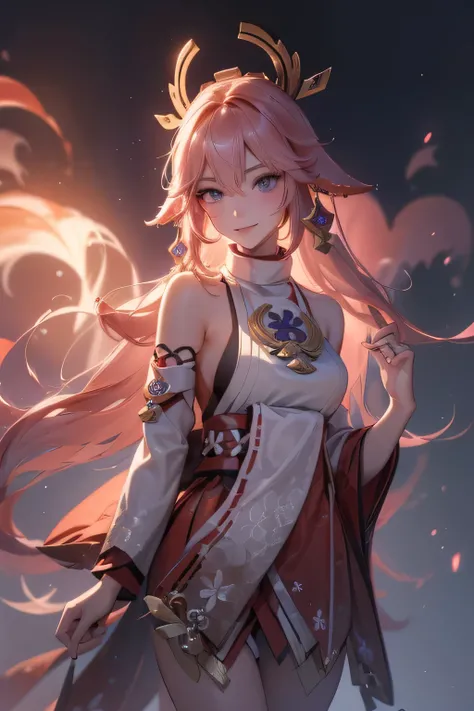 ((yaemikodef)):1.5,((masterpiece,highest quality,Highly detailed images,Beautiful images))1.4(Image of Yae Miko smiling in front of lightning、Extreme Lightning、Overall dim lighting、Backlight、Fantastic dark atmosphere、Thick Fog、Dust flutters)1.3,(Full body ...