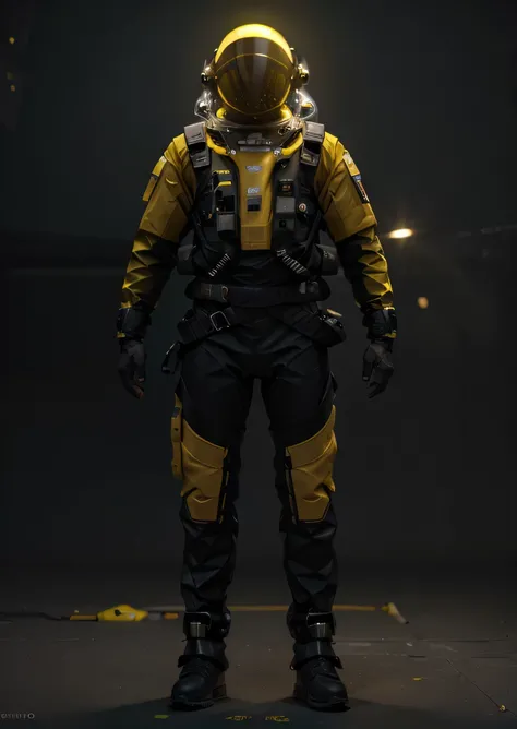 Mistical ethereal traslucent humanoid species wearing thick yellow fabric space suit clear helmet shade hiperrealist ultra detailed ciaro oscuro 3D character high quality cinematic compose render master piece