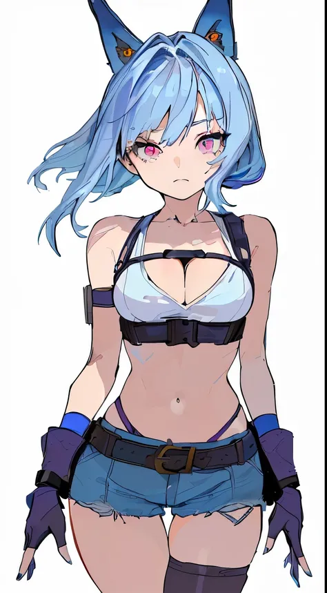 ((((Bare top)))), (((((Cleavage))))), (((((((Super Crop))))))), (((bare stomach, Short clothing, ((Front-tied clothing))))), ((aqua blue scarf)), ((((rigid denim)))), (((thigh holster))), ((Rogue)), Her breasts are exposed, (((Sleeveless))), (((No sleeve))...