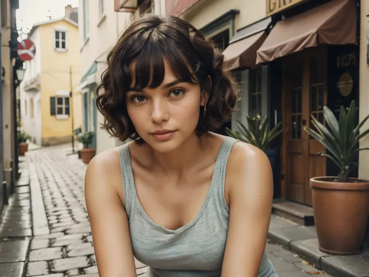 analog film photo solo, realistic, ((vintage photo)), ((woman)), (((Short, Choppy Bangs Hairstyle))), ((brown tank top)), masterpiece portrait photo of a woman with faded blue jeans, comfort fit, (perfect face ), gorgeous Latina, shes sitting on a step out...