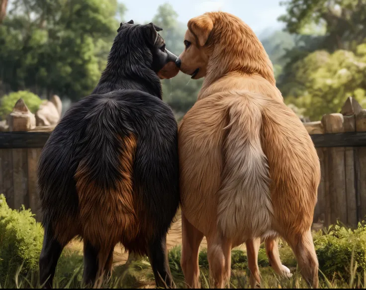 ((((photorealistic feral dog )))), ((((feral, duo)))),  ((((from behind, side view, saliva)))), ((((ass, ass-to-ass, looking awa...