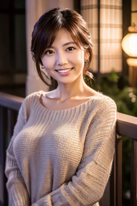 Highest resolution, 4K, Masterpiece: 1.3), A Japanese milf, photo of one lady, Sexy: 1.1, fine eyes, Slender figure, Realistic teeth, double eyelids, full body, best quality, detailed, beauty, a married woman, at the balcony, night