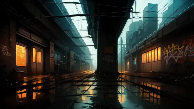 village，market，Cyberpunk characters，There must be no one in the picture，（masterpiece），（Symmetrical frame perspective），（Very dark environment），（Sense of suspense），（Very contrasting tones），Image of an abandoned 80s subway station，Graffiti on the wall，crack，P...