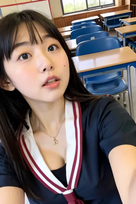 classroom　high school student　uniform　Cleavage　Looking up
