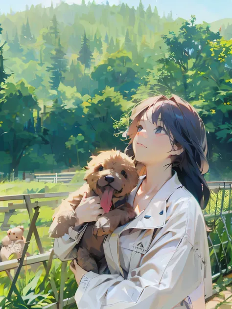 Girl holding Teddy in the sun，Look up at the sky，Half-length photo，Mountains and trees in the background，Fence and grass