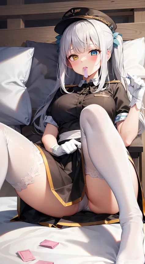 1 Girl,Kagura Mia ,white hair,Heterochromia,Half closed eyes,(Giddenmei 1.5),white hair,Heterochromia,Half closed eyes,(Giddenmei 1.5),short sleeve dress,double braid hair，military uniform,Puff sleeves,Cloth bag,Gloves,White pantyhose,Sitting，Lift your fee...