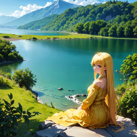 lake, lago, amarillo, oro, lago de oro, gold, paisaje, portada de album, obra maestra, obra de arte, anime, estilo anime