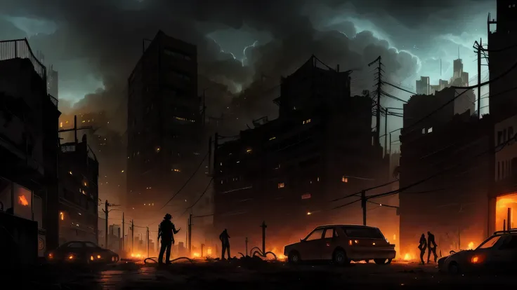 Ruined city，The city streets are full of zombies，There is a lot of dirt on the ground，electric wire，Dark silhouette of city in background，Very dark and closed night，Dental density，A lot of smoke，Dim light bulb， cloudy night sky，Some tall buildings are on f...