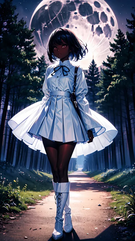 dark skin girl, white clothes, make-up, long-sleeves puffy shirt, tulle skirt, stockings, white boots, forest at night, moonlight, not pleated skirt