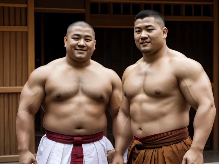 A young monk from ancient Japan, who looks like a fat bodybuilder like a sumo wrestler、He is happy to stand with his arm around a young monk from ancient Japan, who looks like a fat bodybuilder like a sumo wrestler.
