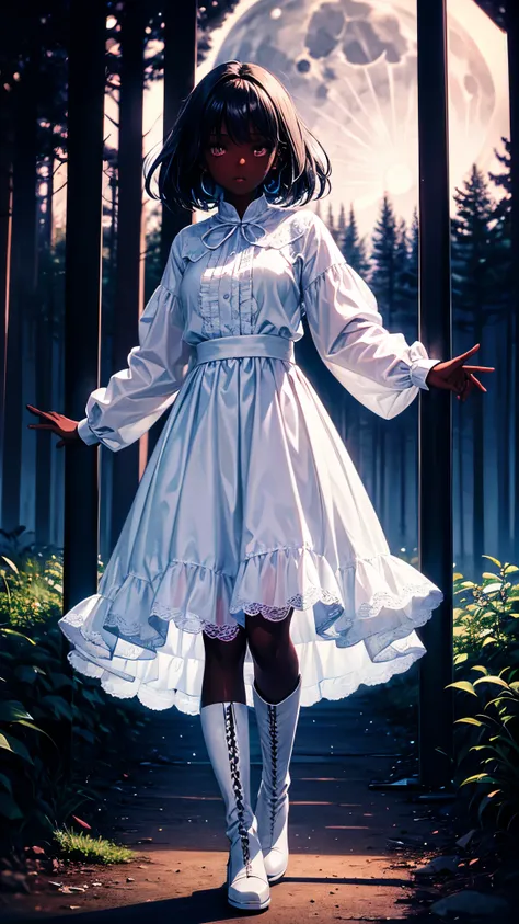 dark skin girl, white clothes, make-up, long-sleeves puffy shirt, tulle skirt, white boots, forest at night, moonlight