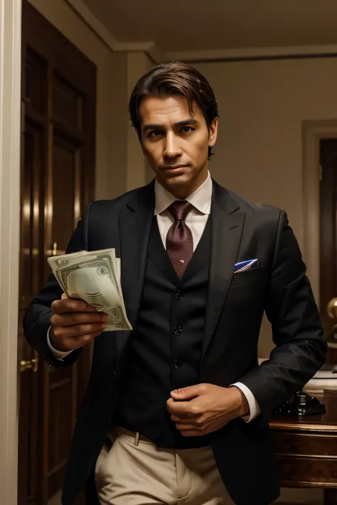 Claro, here is a prompt to generate an image with the characteristics you described:

"Desenhe um homem de aproximadamente 40 anos, dressed in an elegant suit and holding a wad of cash with an expression of extreme confidence. he is standing, with shoulder...