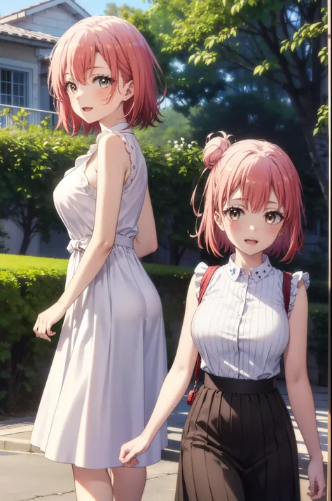 yuiyuigahama, yui yuigahama, short hair, (Brown eyes:1.5), (Pink Hair:1.2), Hair Bun, single Hair Bun, smile, (Big Breasts:1.2),happy smile, smile, Open your mouth,
, Sleeveless dress,Long skirt,Cute Sandals,walking,Real Summer,Daytime,sunny,whole bodyがイラス...