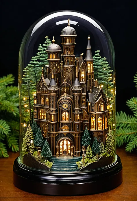 a mesmerizing scene of a miniature metropolis encased in glass, nestled amidst a nocturnal forest, showcasing a blend of art nou...