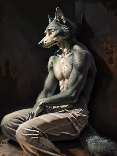 legoshi (beastars), (solo), male, anthro, (by Blotch, by kenket), (tail:1.3), sitting on the floor in darkness, (grey sweat pants), no shirt, (perfect hands), depressed expression, (dark apartment background, gloomy, sad atmosphere), realistic shading, dar...