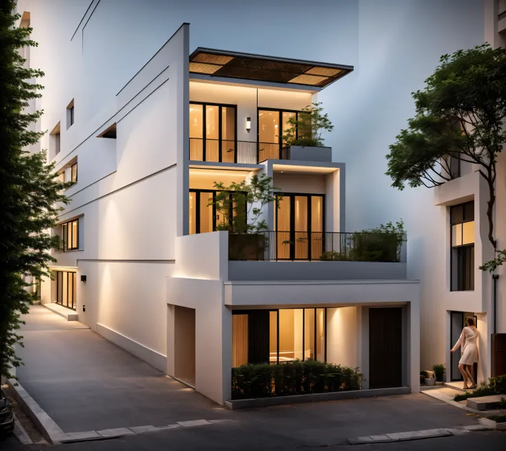 Perspective of a modern house with a large enough front yard, main materials are light yellow walls, stone and wood, a road running in front of the house, (RAW photo, real, best quality, masterpiece: 1.2), current view modern minimalist, 1 street in front ...