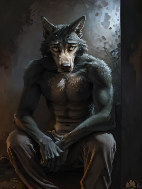 legoshi (beastars), (solo), male, anthro, (by Blotch, by kenket), (tail:1.3), sitting on the floor in darkness, (grey sweat pants), no shirt, (perfect hands), depressed expression, (dark apartment background, gloomy, sad atmosphere), realistic shading, dar...