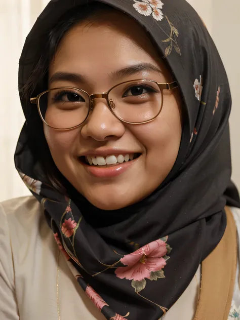 Cute malay girl in floral hijab, glasses, smile, show her cute canine teeth, chubby cheeks, close up, super realistic, nice lighting effect