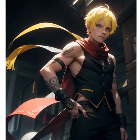 (26 years old), (male), ((Yellow hair)), (Blue eyes), (Wavy Short Hair), ((Tattoos hand)), red scarf, White milliatry vest, sleeveless, Millitary black pants, black gloves, slim, Standing