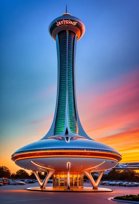 a vibrant, retro-futuristic jetsons building with sleek curves and chrome accents, set against a sunset skyline, inspired by the...