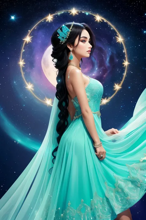 in the quiet stillness of the night, a black haired fairy of the moon sits upon her shimmering bedazzled crescent throne, her ey...