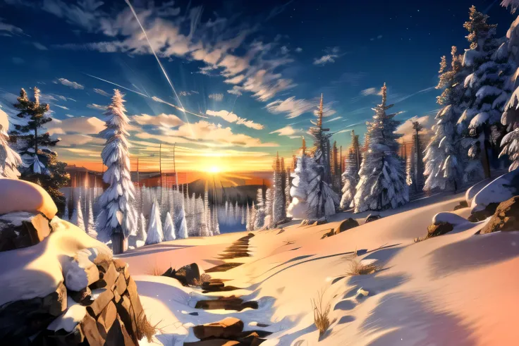 Snowy mountain scenery illuminated by the morning glow,Countless rocks covered in snow,Below the cliffs is a snow-covered white coniferous forest that stretches to the horizon.,The sun begins to rise over the horizon,