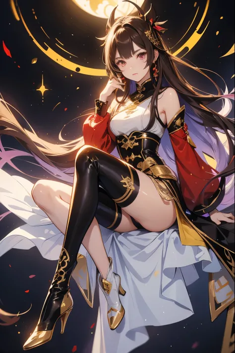 Female genshin character with dark brown long waist length hair, one yellow eye and one purple eye. Dressed in white, brown, black , red and blue with gold accents. Long high heeled boots .