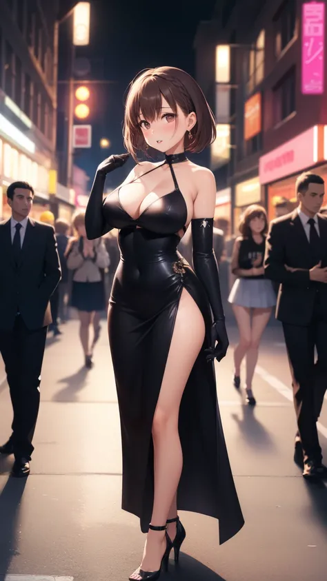 masterpiece, best quality, 1girl, short brown hair, side braid, large breasts, glossy lips, good lighting, aichan, elbow gloves, city street, neon lights, night, crowd, standing, high heels, long dress, parted at front, half skirt