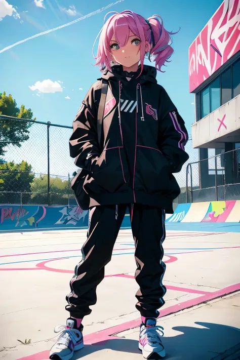 animated girl in a skate Park,girl is  skateboarding, girl with skateboard , girl wearing sexy street clothes, sexy girl, rainbow hairs, seductive animated girl, sexy, graffitis best rated on pixiv, Tendances sur ArtStation pixiv, Anya de la famille Spy X,...