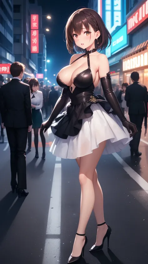 masterpiece, best quality, 1girl, short brown hair, side braid, large breasts, glossy lips, good lighting, aichan, elbow gloves, city street, neon lights, night, crowd, standing, high heels, dress, parted at front, half skirt