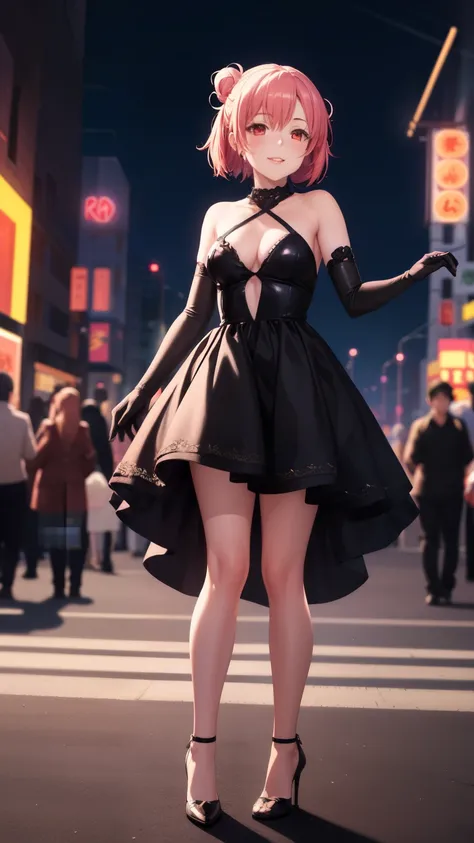 masterpiece, best quality, 1girl, single hair bun, medium breasts, glossy lips, light smile, good lighting, yuigahama yui, elbow gloves, city street, neon lights, night, crowd, standing, high heels, dress