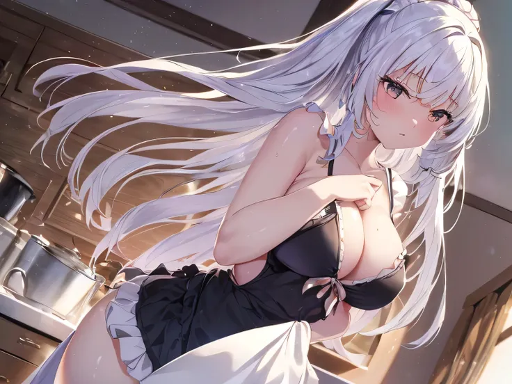 (Tabletop.highest quality).(Dynamic Low Angle、Hair blowing in the wind、A fluffy apron、She stands in the kitchen、beautiful spotlight、Beautiful body、Sweating profusely). (CG paintings with attention to detail),(Perfect image).(Sexy idol gravure、Horny pervert...