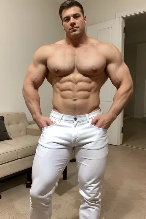 Hes a big boy with Short gray hair, calm golden eyes,  He has no  beard and no mustache. + He is in his fifties. Full body. Big muscular body, Big butt, Muscular legs, shirtless. White Jeans manly