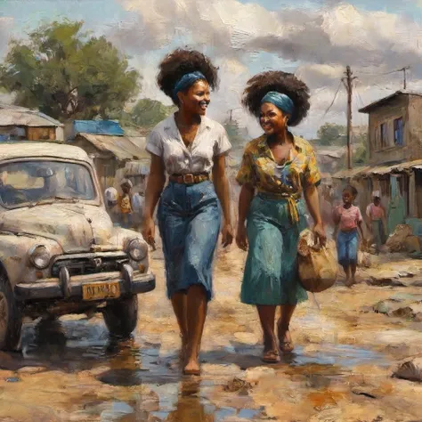 oil painting of two beautiful black women walking in an african slum full of people and old cars, dirty urban environment, child...