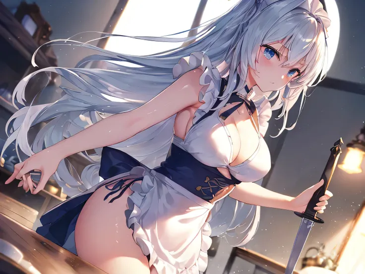 (Tabletop.highest quality).(Knight in Apron、Dynamic Low Angle、Hair blowing in the wind、A fluffy apron、Her back in the kitchen、She has a gorgeous sword、beautiful spotlight、Beautiful body、Sweating profusely). (CG paintings with attention to detail),(Perfect ...