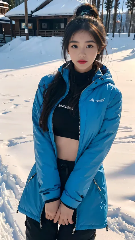 black hair, Madison Beer, Nicola Cavanis, ski pants, topless, 8K, top quality, Complex details, very detailed content, ultra high resolution, masterpiece, enlargement, (whole body: 1.1), slim, laugh, (assembly: 0.4), (puffy blue eyes: 1.21), blue eye wool ...