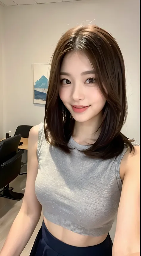 ((best quality, 8k, masterpiece: 1.3)), 1 girl, Slim belly beauty: 1.3, (Hairstyles Brown Hair Shortcuts, Large target: 1.2), skirt: 1.1, Super thin face, Delicateeyes, Double eyelids, Smile, Home, original photo