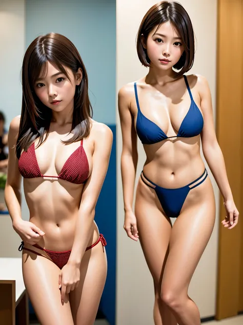 (masterpiece, best quality:1.2), 1girl, solo、Amazingly cute girl、whole body、Bikini Swimwear、Professional Lighting、Super slim figure、Short Hair、Above the knee images、Low - Angle、A very cute and adorable little sister、