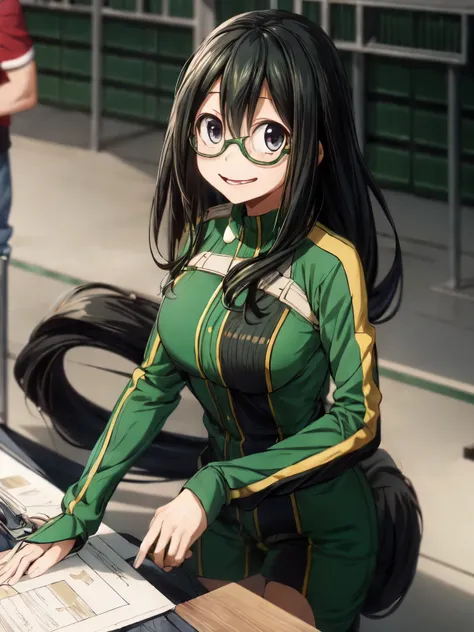 masterpiece, best quality, highly detailed, asui_tsuyu 1girl, solo, facing viewer, super hero