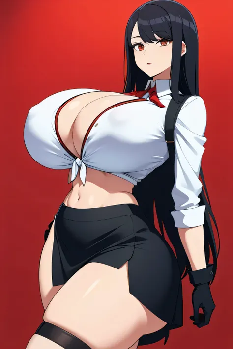 A tall beautiful attractive woman with a huge breast, long straight black hair, her brown eye, dresses in a white shirt tied in a knot, shows her navel, a sexy curve, and her black school skirt, a pair of transparent black net socks, wearing red steel glov...