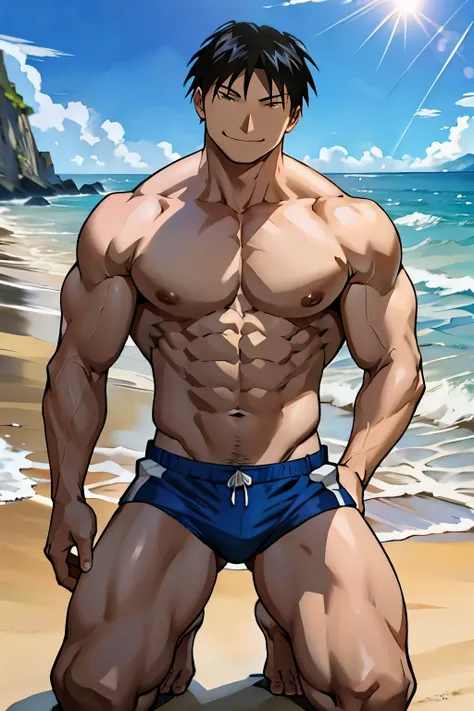 Roy Mustang from Full Metal Alchemist, wearing swimsuit, smug smile, bodybuilder, defined body, posing, shirtless, abs, big legs, kneeling on the sand