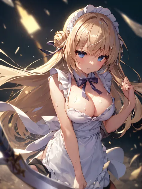 (Tabletop.highest quality).(Naked Apron Knight、Dynamic Low Angle、Hair blowing in the wind、Fluffy apron、My niece standing on the ancient battlefield、She has a great sword、beautiful spotlight、Beautiful body、Sweating profusely). (CG paintings with attention t...